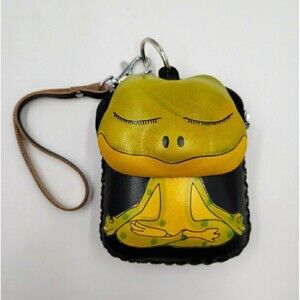Frog Leather Wristlet Wallet Handmade Tooled Coin Purse Keychain Zen Yoga Gift